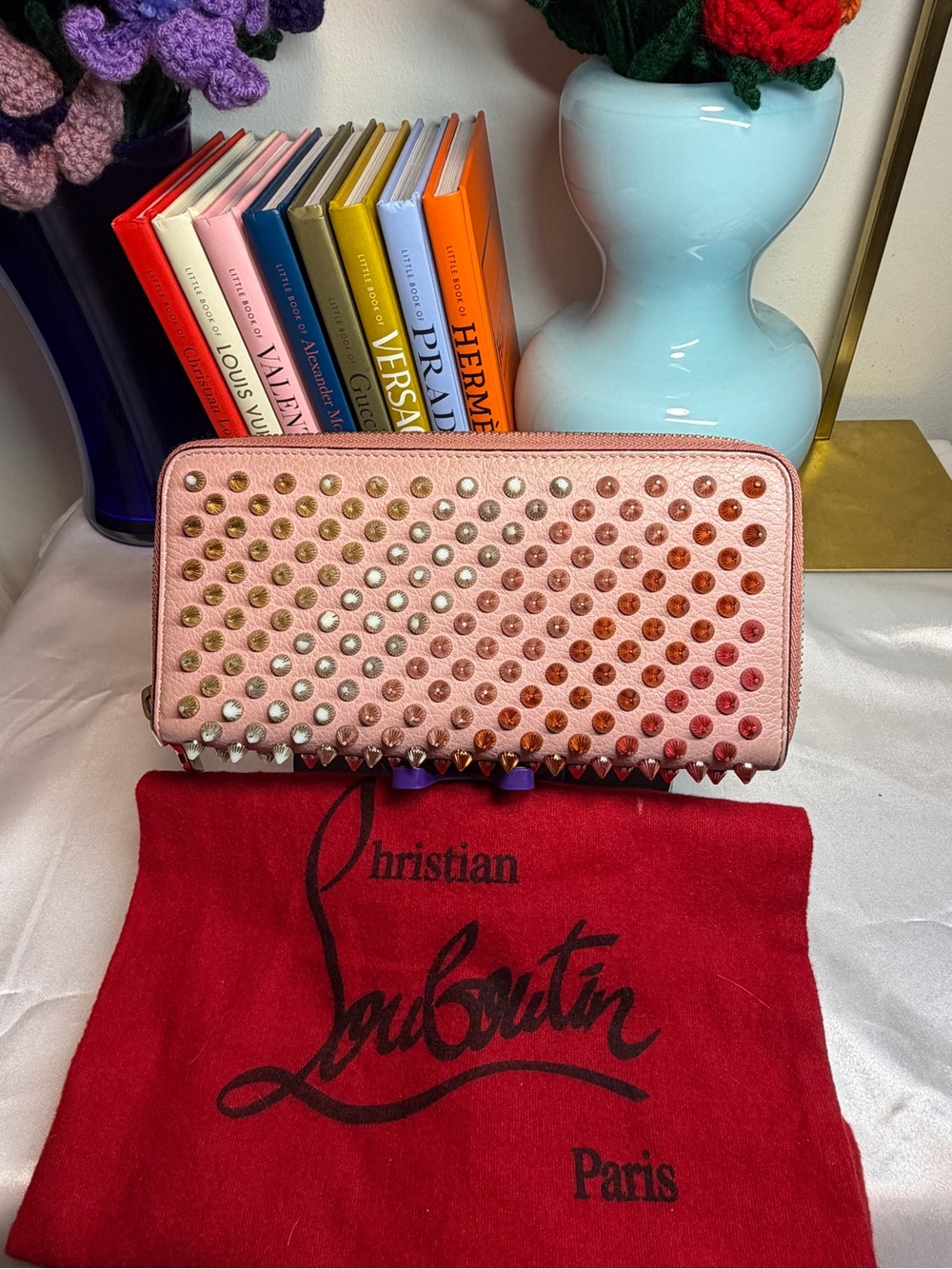 Christian Louboutin pink Panettone Spiked Leather wallet with COA